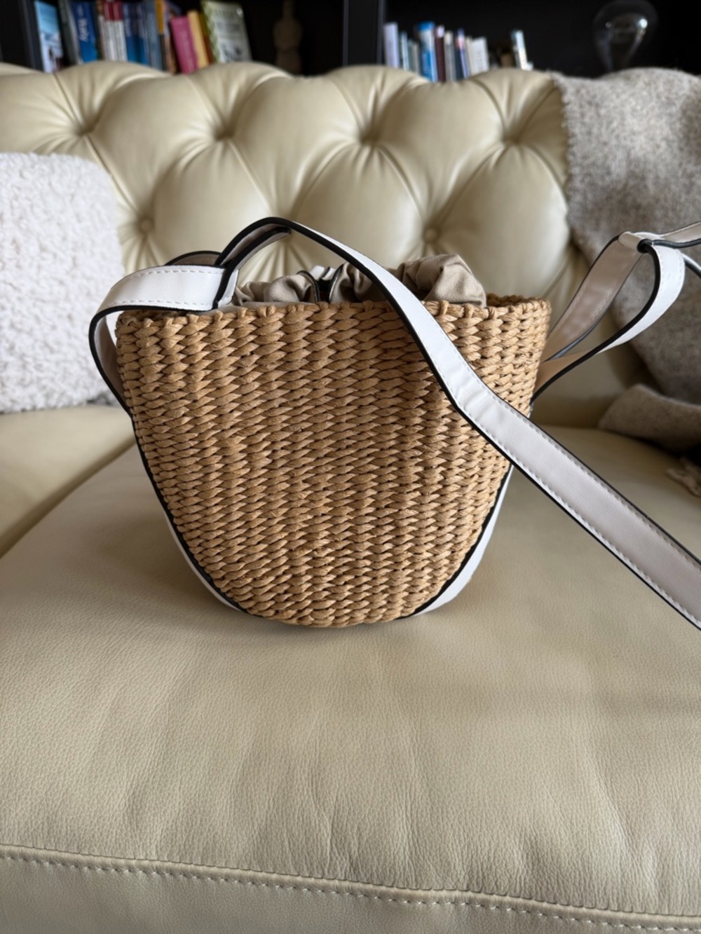 Straw Drawstring Crossbody Bag in Natural/White - Picture 3 of 6